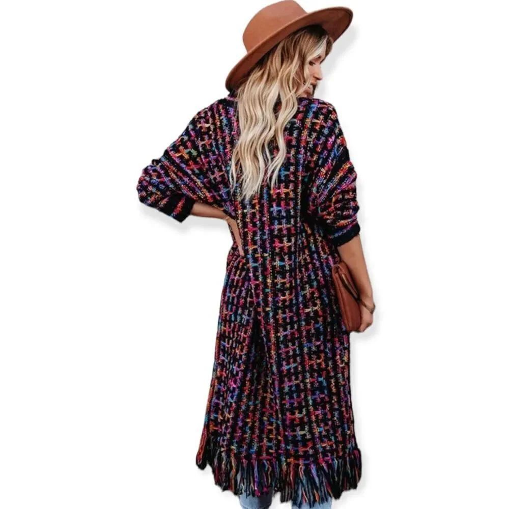 Black Multi Color Patchwork Long Fringe Knit Cardigan NWT